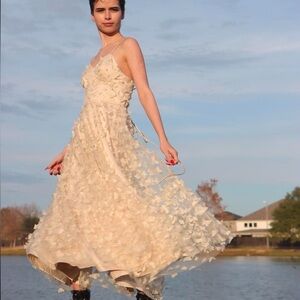 Butterfly corset midi dress with lace up back and adju straps, beige size small